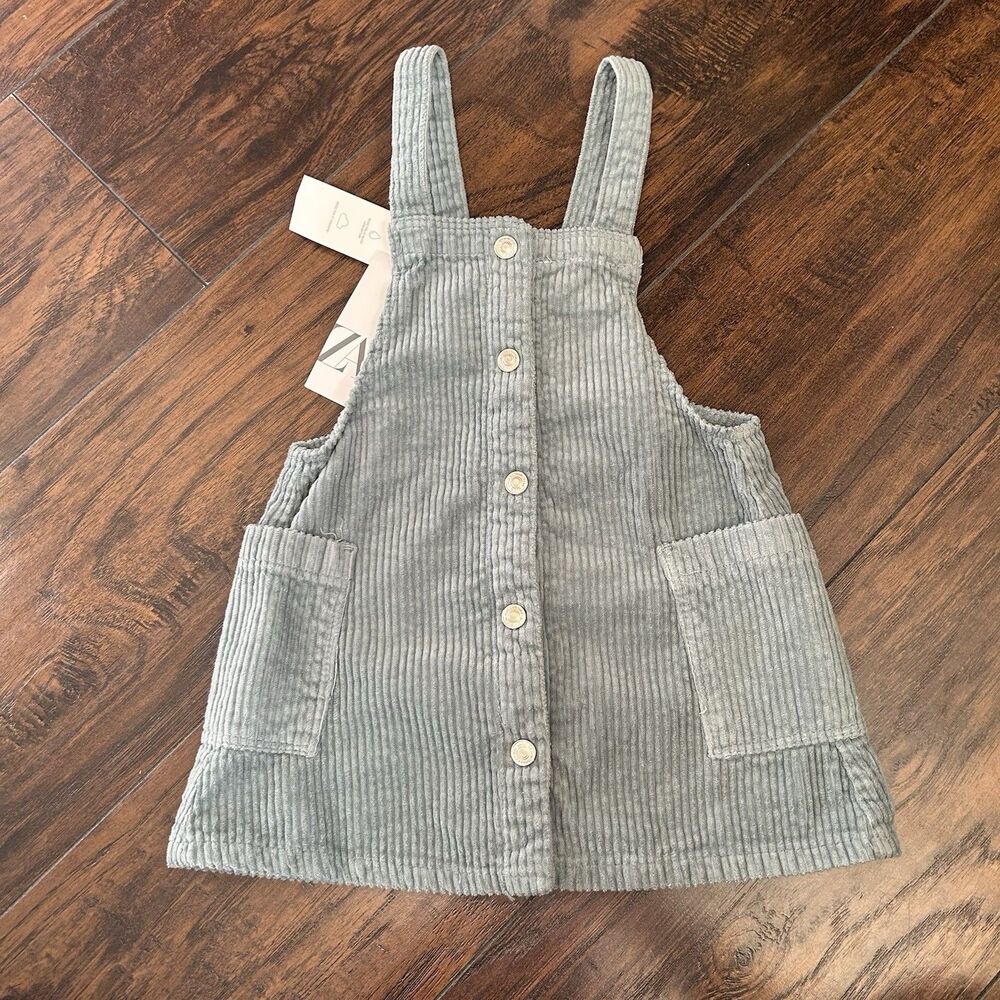 Zara Corduroy Jumper Overall Dress Girls Size 2-3 Green 100% Cotton NWT Button